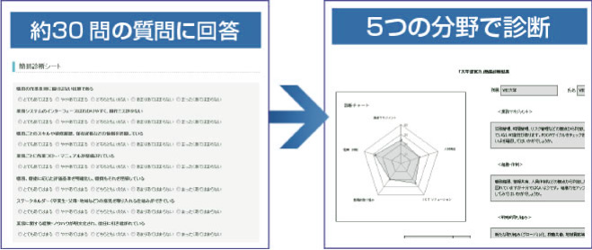 約30問の質問に回答→5つの分野で診断